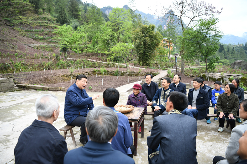 2019年4月15日至17日，中共中央總書記、國家主席、中央軍委主席習(xí)近平在重慶考察，并主持召開解決“兩不愁三保障”突出問題座談會。這是4月15日下午，習(xí)近平在石柱土家族自治縣中益鄉(xiāng)華溪村同村民代表、基層干部、扶貧干部、鄉(xiāng)村醫(yī)生等圍坐在一起，共話脫貧攻堅。新華社記者 謝環(huán)馳 攝