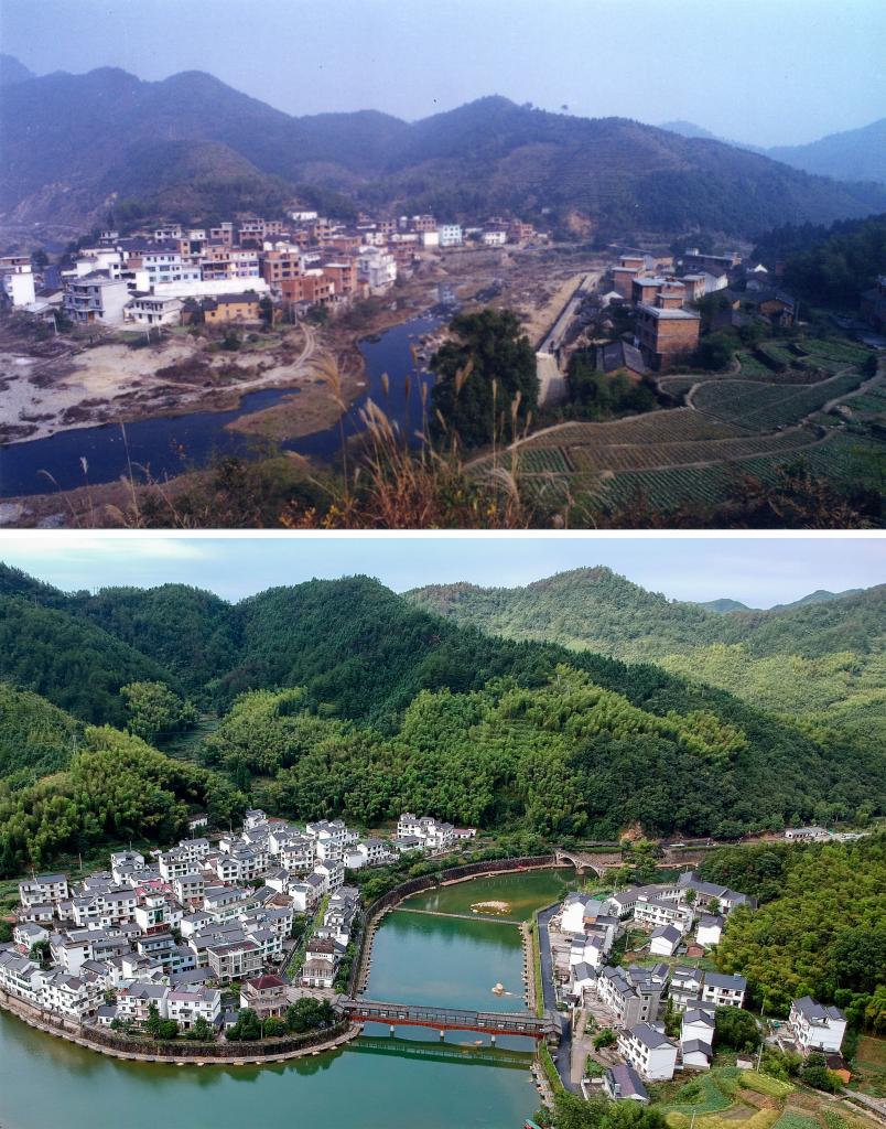 圖為浙江省杭州市淳安縣楓樹嶺鎮(zhèn)下姜村拼版圖，其中上圖為資料照片、下圖由新華社記者張鋮攝。